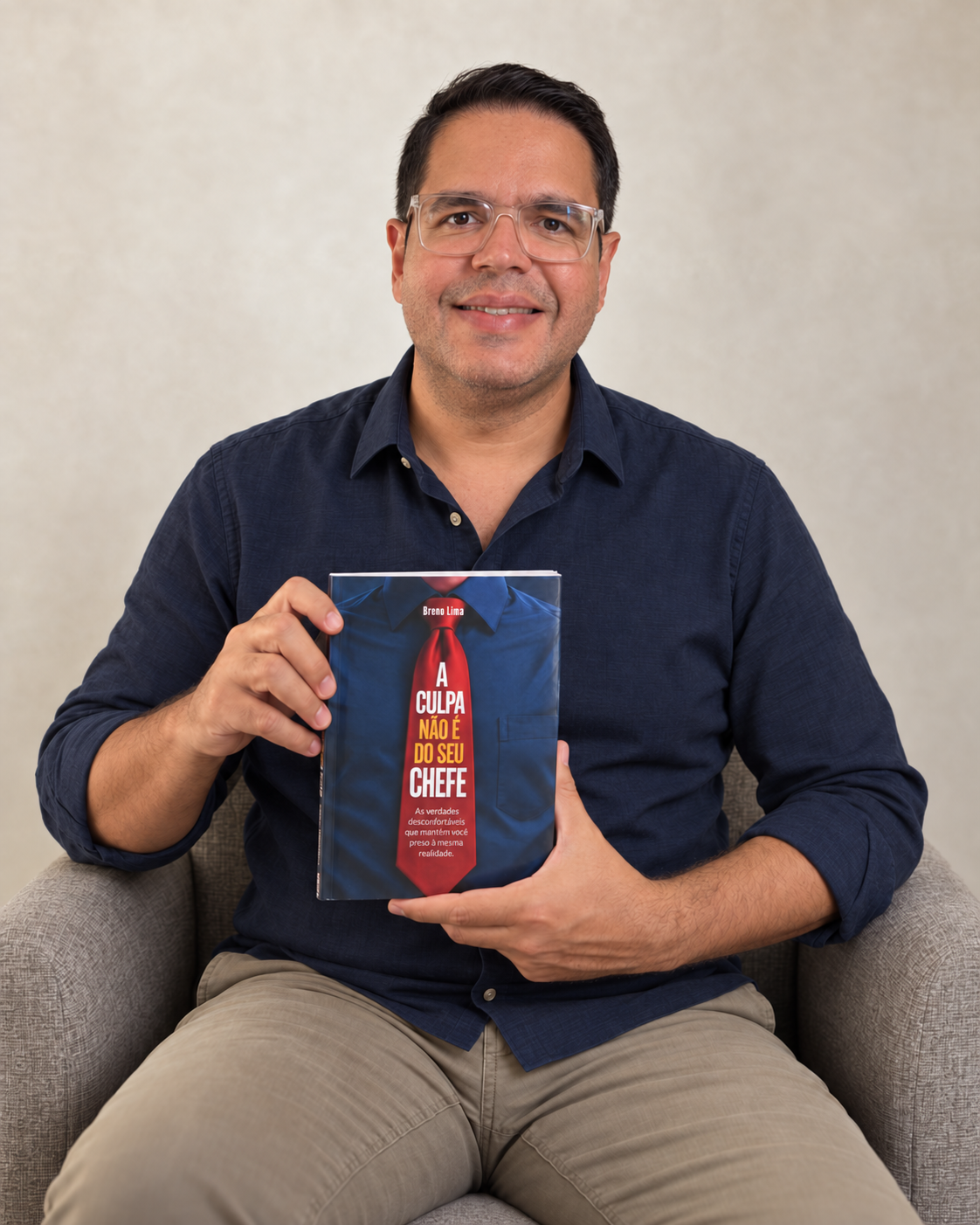 Breno Lima sorrindo e segurando seu livro A Culpa Não É do Seu Chefe